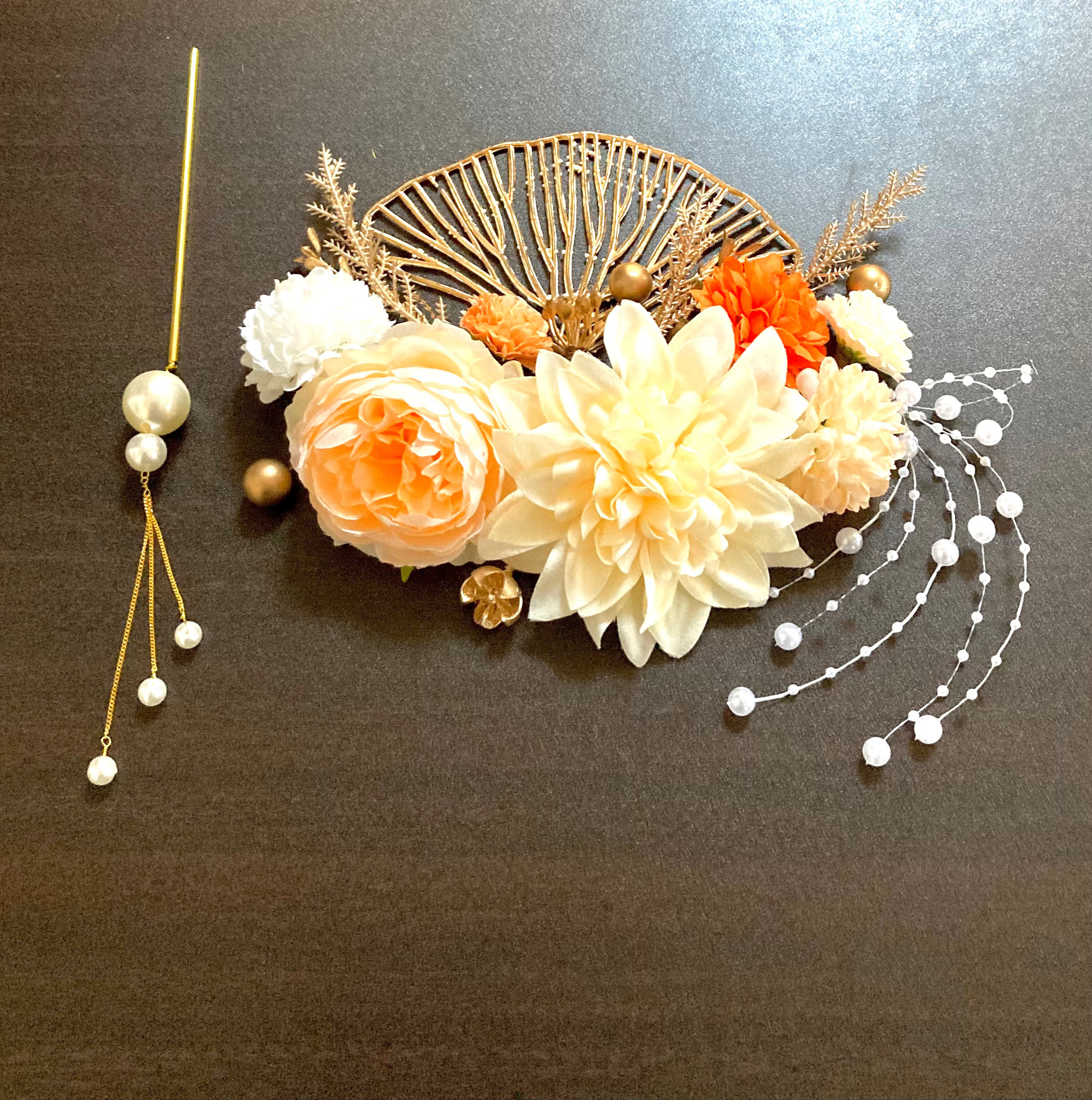 パール簪♥︎シャーベットオレンジピオニー&ダリア♥︎結婚式髪飾り♥︎成人式髪飾り♥︎卒業式髪飾り♥︎和装♥︎洋装も♪