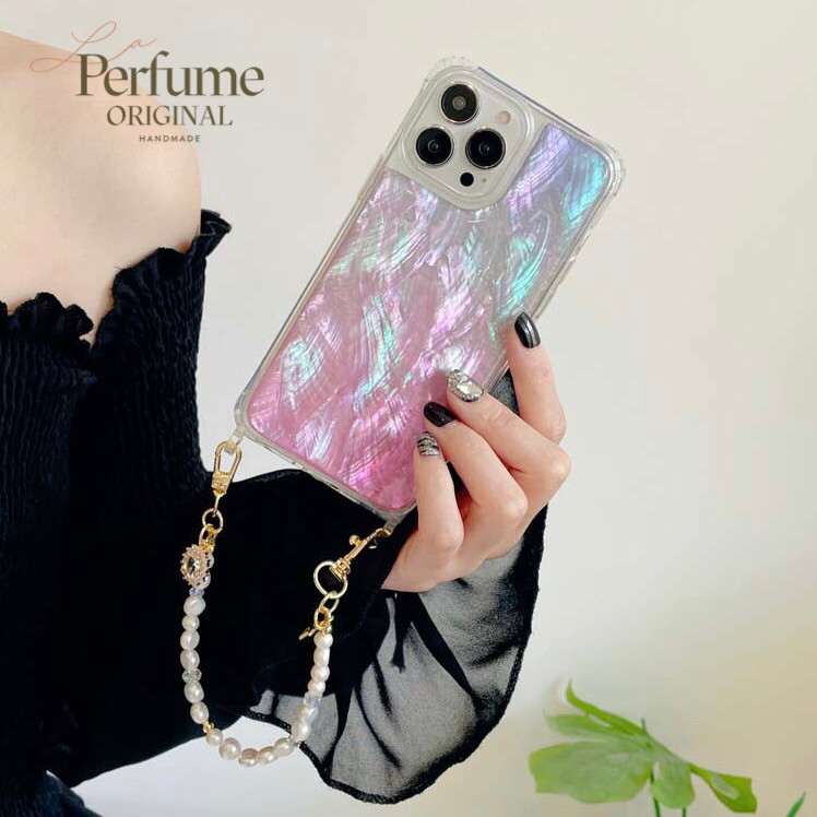 キラキラ天然シェル✨パープルブルー系 天然パールチャームチェーン付き カラフル オリジナル スマホケース【受注生産】貝殻