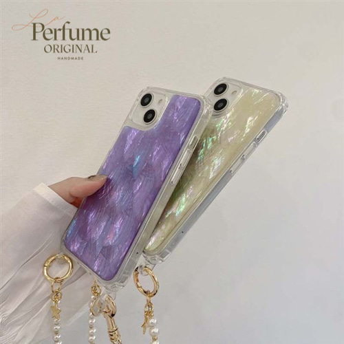 キラキラ天然シェル パープルブルー♡二連パールチェーン✨オリジナル iPhone キラキラ天然シェル✨パープル 紫 大粒パールチェーン付き