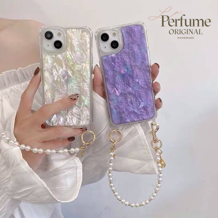 キラキラ天然シェル✨パープル系、ホワイト系 チャームパールチェーン付き カラフル オリジナル スマホケース【受注生産】貝