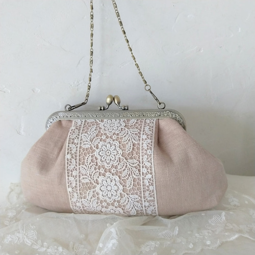 アンティークレース*リネン*がま口バッグ*生地変更可能 がま口 linge  