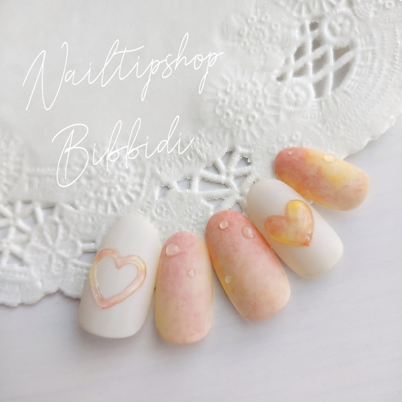 ニュアンスネイル 桃 マーブル ぷっくり 春 ネイルチップ ハンドメイド