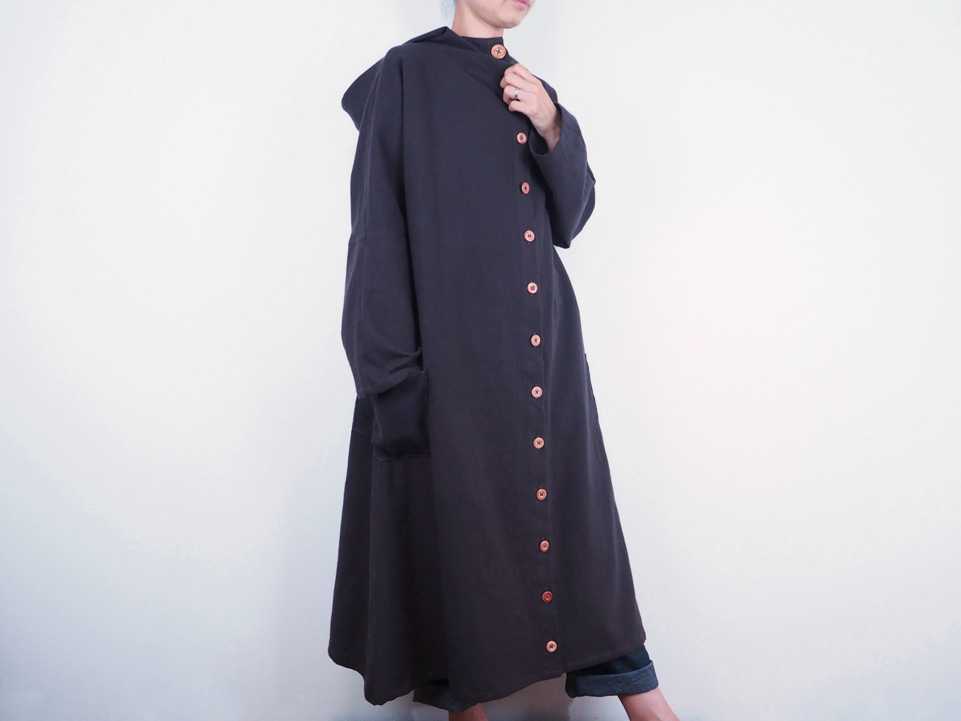 Kimamaフードボタンロングワンピース（木綿 錆紫）【受注製作対応】