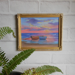 海辺の光景・朝焼けの小舟　ハンドペイントレリーフフレーム付き木製絵画 3枚目の画像