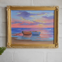 海辺の光景・朝焼けの小舟　ハンドペイントレリーフフレーム付き木製絵画 2枚目の画像