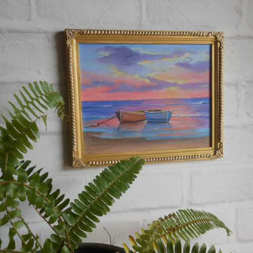 海辺の光景・朝焼けの小舟 ハンドペイントレリーフフレーム付き木製