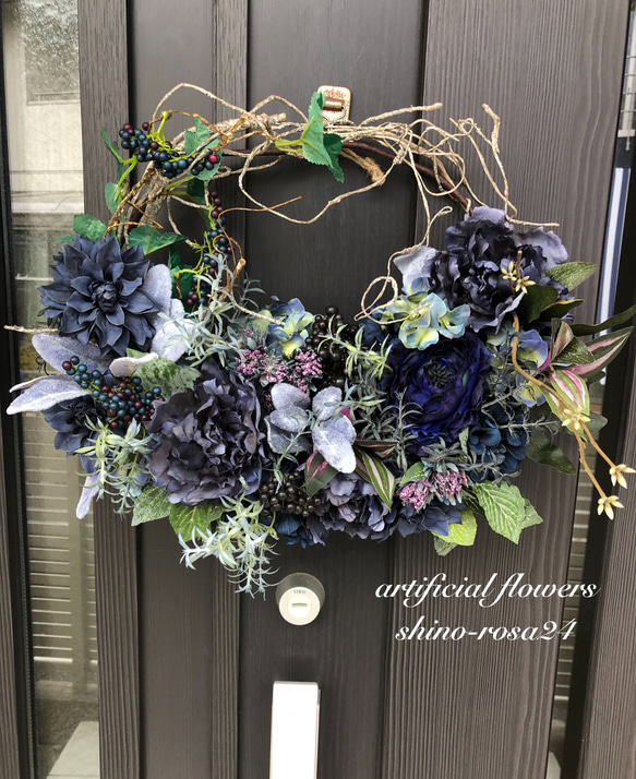 ネイビーブルーリース アートフラワー shino-rosa 通販 14495350  