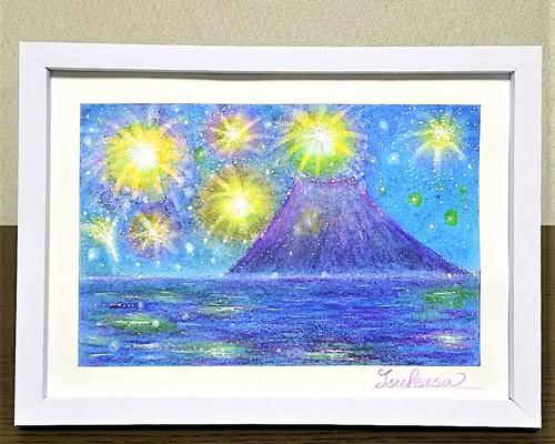 原画)月夜の富士山と桜【水彩画】絵画 黒かっ インテリアにおすすめ 原画)月夜の富士山と桜【水彩画】絵画 黒かっ インテリアにおすすめ