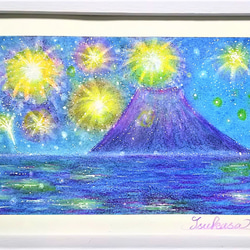 パステルアート　花火と富士山　パステル画原画 2枚目の画像