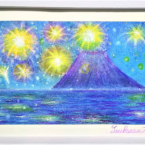 パステルアート 花火と富士山 パステル画原画 絵画 T's Arts パステルアート 花火と富士山 パステル画原画 絵画 T's Arts