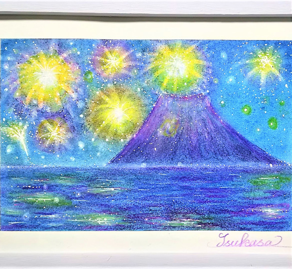 パステルアート　花火と富士山　パステル画原画 2枚目の画像