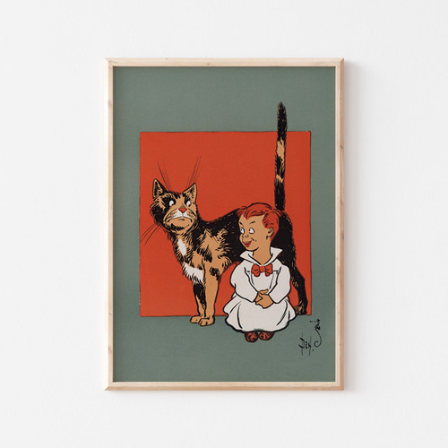 【値下げ】ヘンク・ウィアースマによる金色のアクセント付きの猫のポスター（額入り） マザーグース、ねこ、ヴィンテージポスター、挿絵ポスター、シンプルな