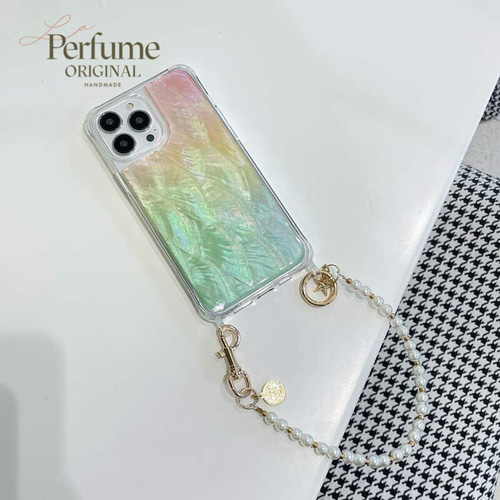 天然シェル♡キラキラ✨ビタミンカラー♡天然パールチェーン iPhoneケース キラキラ天然シェル✨ビタミン系カラー パールチャームチェーン