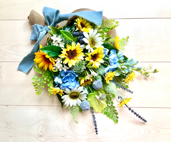 No.wreath-15458/ひまわりとデルフィニウムのスワッグ縦型52x33cm  
