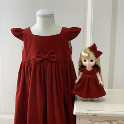 深紅　コーデュロイ　ワンピース　26㎝ドール　お揃い　子供服　ドール服 3枚目の画像