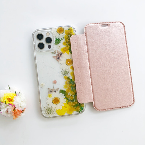 ミモザ＆猫柄』押し花 スマホリング 手帳型スマホケース iPhoneケース