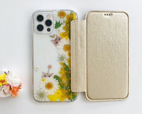 ミモザ＆猫柄』押し花 スマホリング 手帳型スマホケース iPhoneケース