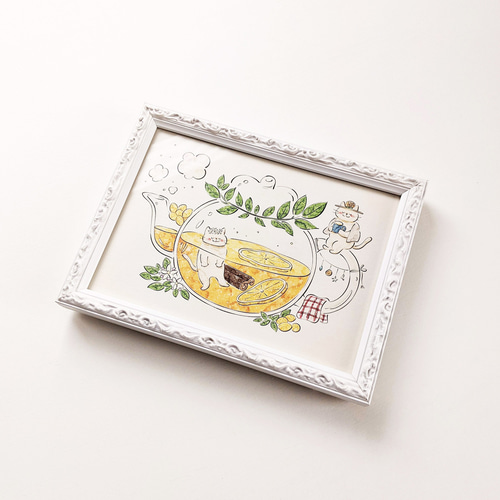 2L 猫とレモンティー アートプリント/イラスト複製画 イラスト Yakumo