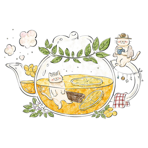2L 猫とレモンティー アートプリント/イラスト複製画 イラスト