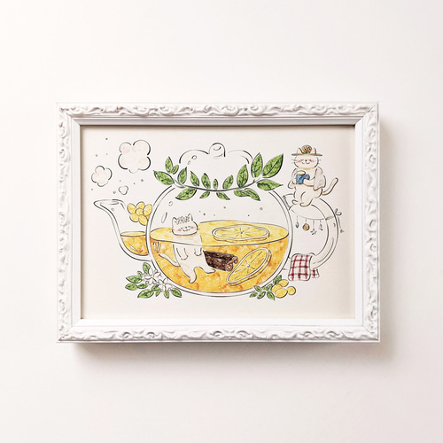 2L 猫とレモンティー アートプリント/イラスト複製画 イラスト Yakumo