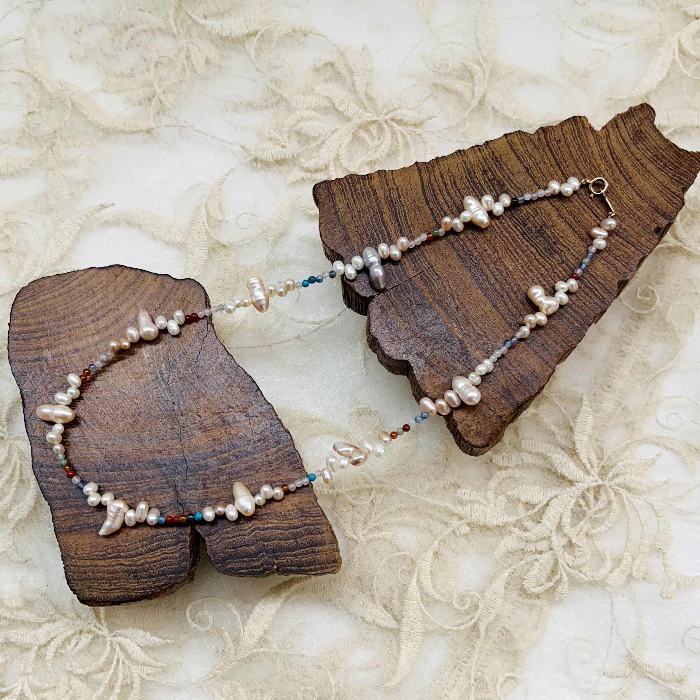 K18KP、淡水バロック＆マルチカラー天然石 ネックレス【B】