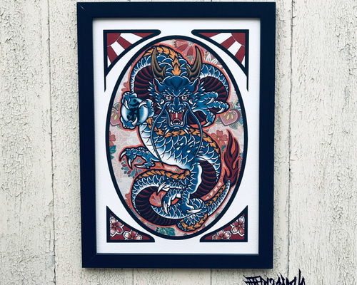 龍画　襖紙龍画　襖紙　86x94cm 尾九 龍画 正面龍 青龍 A4サイズ フレーム付き イラスト