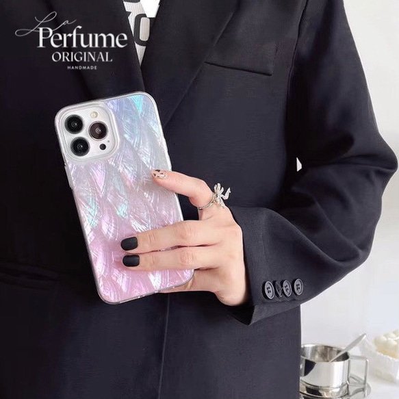 キラキラ天然シェル✨ブルーパープル系カラー 淡色 貝殻 オリジナル iPhoneケース【受注生産】カラフル 夏 海 1枚目の画像