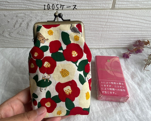 専用　ハンドメイド　パピヨン　猫　バッグ　タバコポーチ　ミニバッグ 受注製作】椿ネコちゃん ハチワレ 白ネコ タバコケース がま口