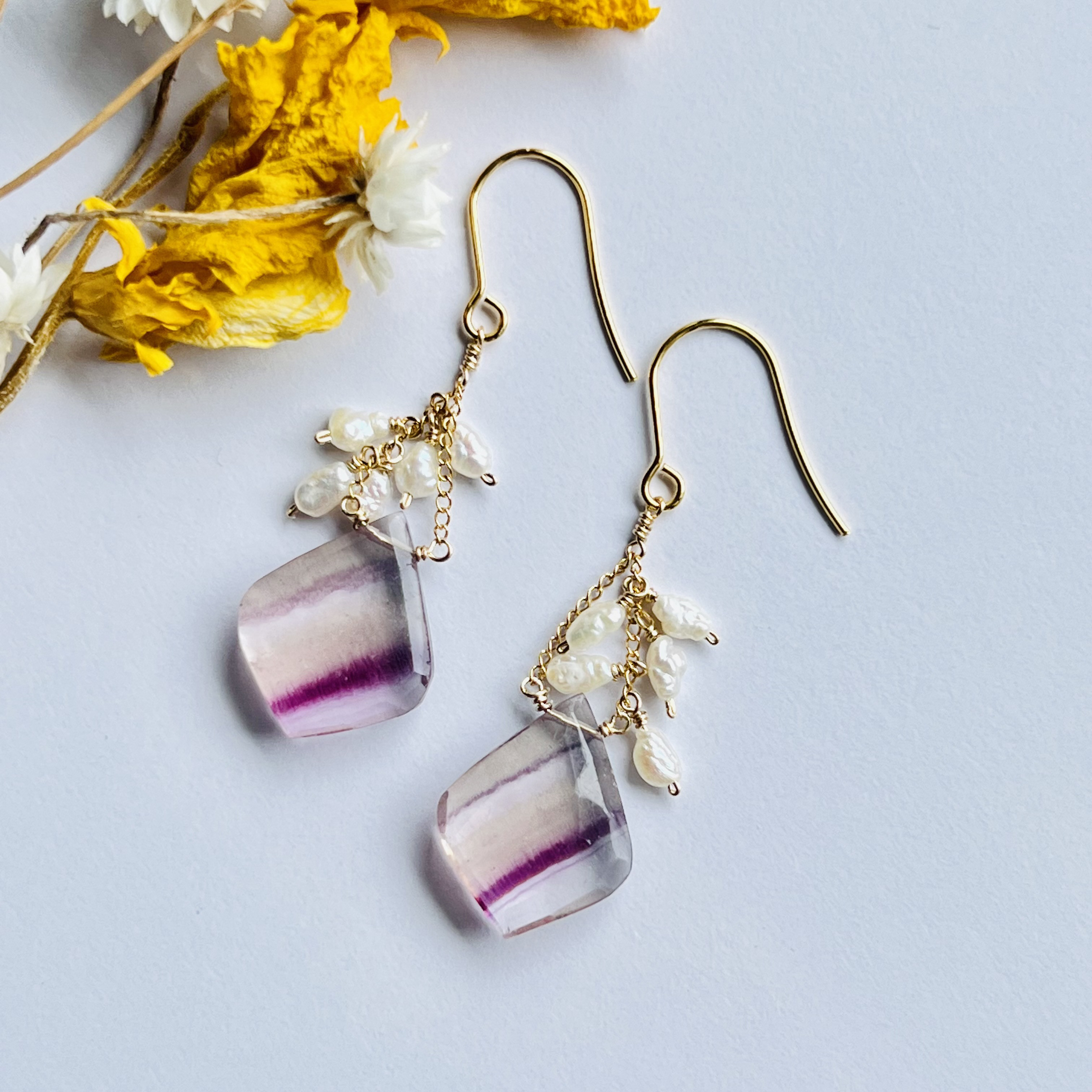 14kgf フローライト ファンシーシェイプ ピアス