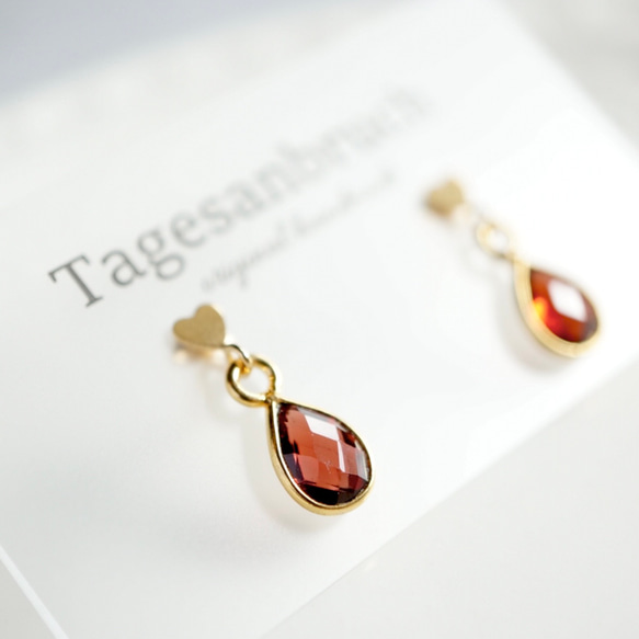 14kgf 天然石 宝石質ガーネット＊ Gemstone Quality Drop garnet＊ピアス　一粒ドロップ 1枚目の画像