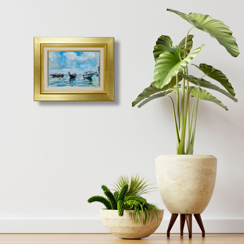 卵の油絵【コスモ・エッグ】1点物の原画◆作者サイン入り/額縁付属 ギャラ藤]真作保証/鳥居塚照明/『新緑の奥入瀬渓流』/油彩F6