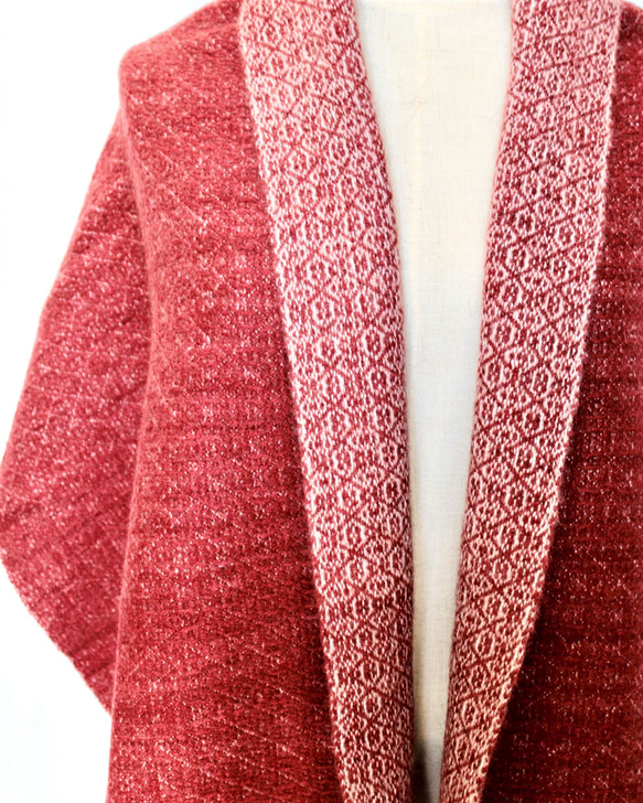 ☆Winter Sale☆ポッサム・メリノ・シルク手織りストール　ナチュラルｘ手染めワインレッド 5枚目の画像