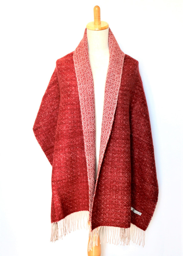 ☆Winter Sale☆ポッサム・メリノ・シルク手織りストール　ナチュラルｘ手染めワインレッド 4枚目の画像