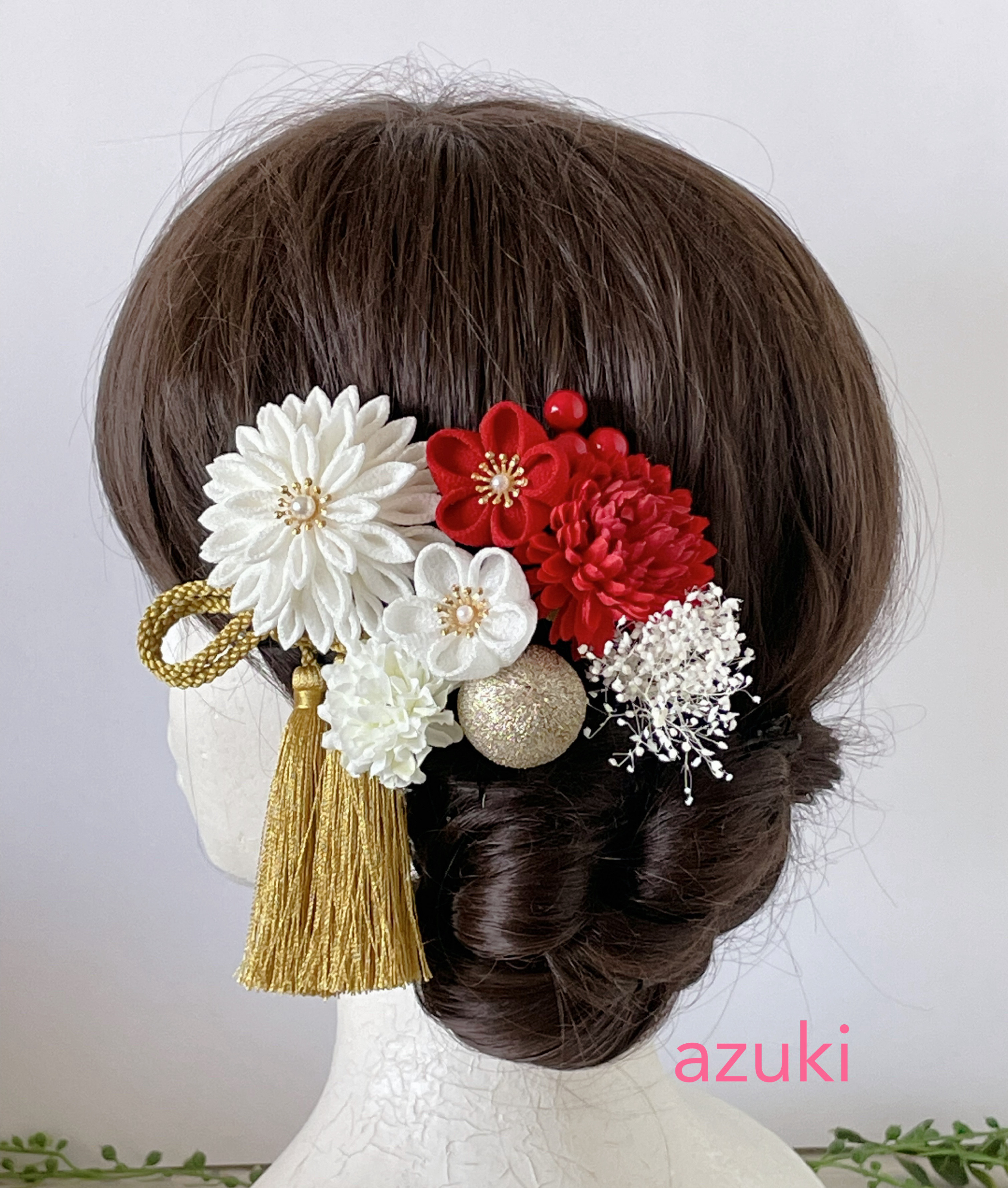 髪飾り　つまみ細工　紅白　ゴールド　成人式　和装