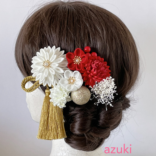 髪飾り つまみ細工 紅白 ゴールド 成人式 和装 その他ヘアアクセサリー