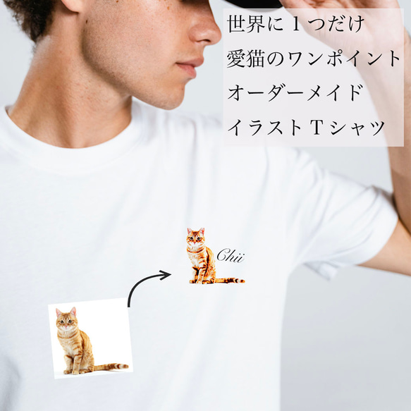 オーダーメイド で作る！メンズ 愛猫 ワンポイント イラストTシャツ / ネコちゃんの写真を送るだけ！簡単！ 1枚目の画像