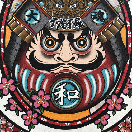 ダルマ仙人さま専用 尾九 画 赤武者ダルマ 不撓不屈 大和魂 A4サイズ 簡易フレーム付き