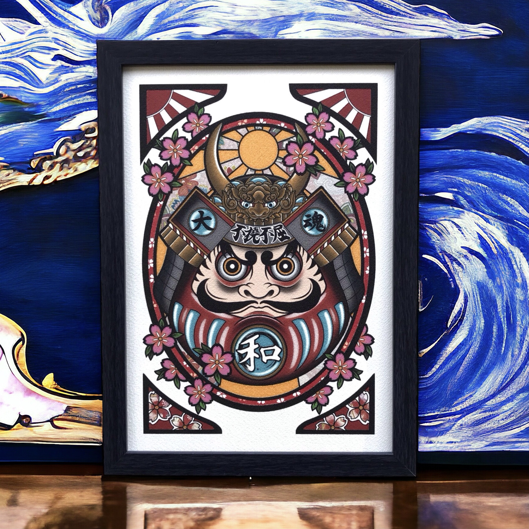 赤色 武者 ダルマ 不撓不屈 大和魂 吉祥画 和風イラスト A4 フレーム付き｜尾九