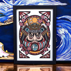 尾九 刺青画 七福神 布袋さま 双龍 笑門来福 A4サイズ 簡易フレーム