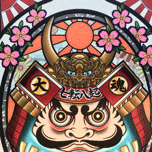 尾九 画 青武者ダルマ 七転八起 大和魂 A4サイズ 簡易フレーム付き