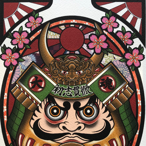 黄色 武者 ダルマ 初志貫徹 大和魂 吉祥画 和風イラスト A4 フレーム