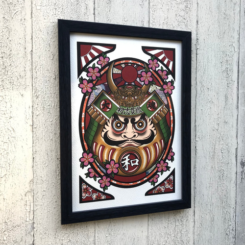 黄色 武者 ダルマ 初志貫徹 大和魂 吉祥画 和風イラスト A4 フレーム