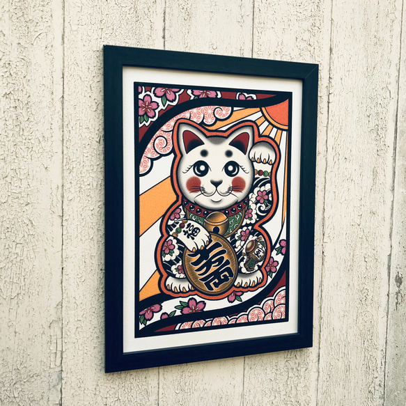 奧久紋身圖招財貓櫻花風暴內出木槌A4尺寸帶框 第3張的照片