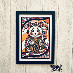 奧久紋身圖招財貓櫻花風暴內出木槌A4尺寸帶框 第2張的照片