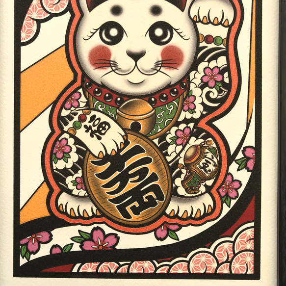 奧久紋身圖招財貓櫻花風暴內出木槌A4尺寸帶框 第6張的照片