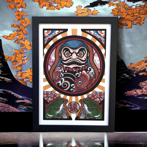 尾九 画 刺青青達磨 金魚 A4サイズ フレーム付き イラスト 尾九 画 刺青青達磨 金魚 A4サイズ フレーム付き イラスト