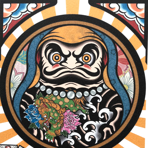 尾九 画 刺青黄達磨 唐獅子牡丹 A4サイズ フレーム付き イラスト 尾九 画 刺青黄達磨 唐獅子牡丹 A4サイズ フレーム付き イラスト
