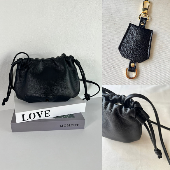 名入れ無料　本革　巾着　ショルダーバッグ　本革名入れキーホルダー付き 2枚目の画像