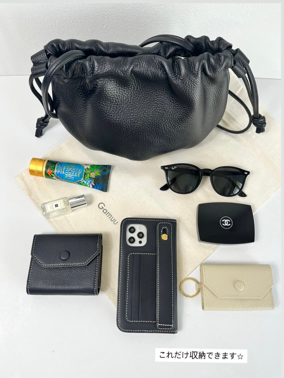 名入れ無料　本革　巾着　ショルダーバッグ　本革名入れキーホルダー付き 5枚目の画像