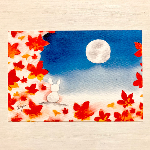 透明水彩画 秋のポストカード 5枚セット 紅葉 クマ うさぎ